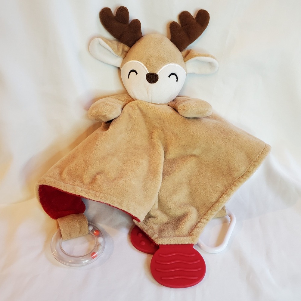 Reindeer Plush Lovey Rattle Teether Moose Security Blanket Modern Baby Christmas